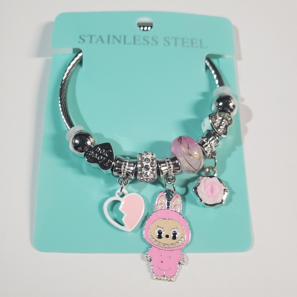Labubu- Stainless Steel Kids Charm Bracelet - Pink and Silver